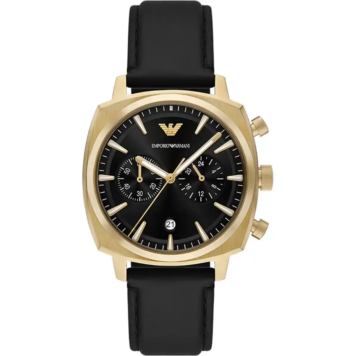 Emporio Armani Carlo AR11690 men's quartz battery watch with black sunray dial, gold-tone chronograph sub-dials, cushion-shaped gold case, black genuine leather strap main view