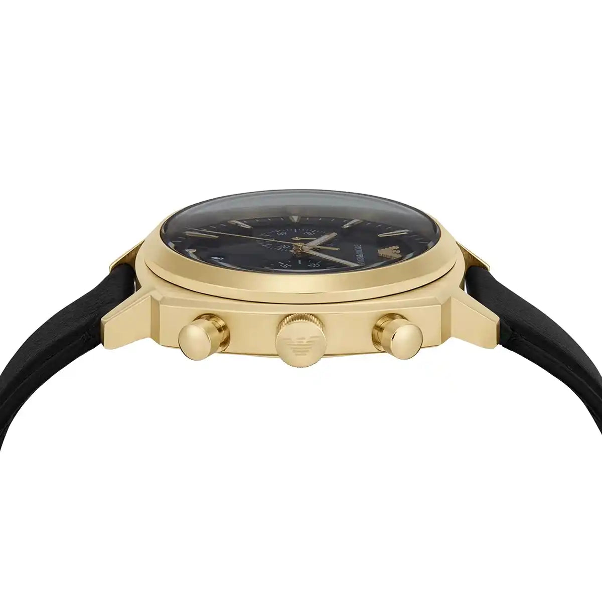 Side profile of Emporio Armani Carlo AR11690 men's quartz battery watch showing 11mm thickness and gold stainless steel finish