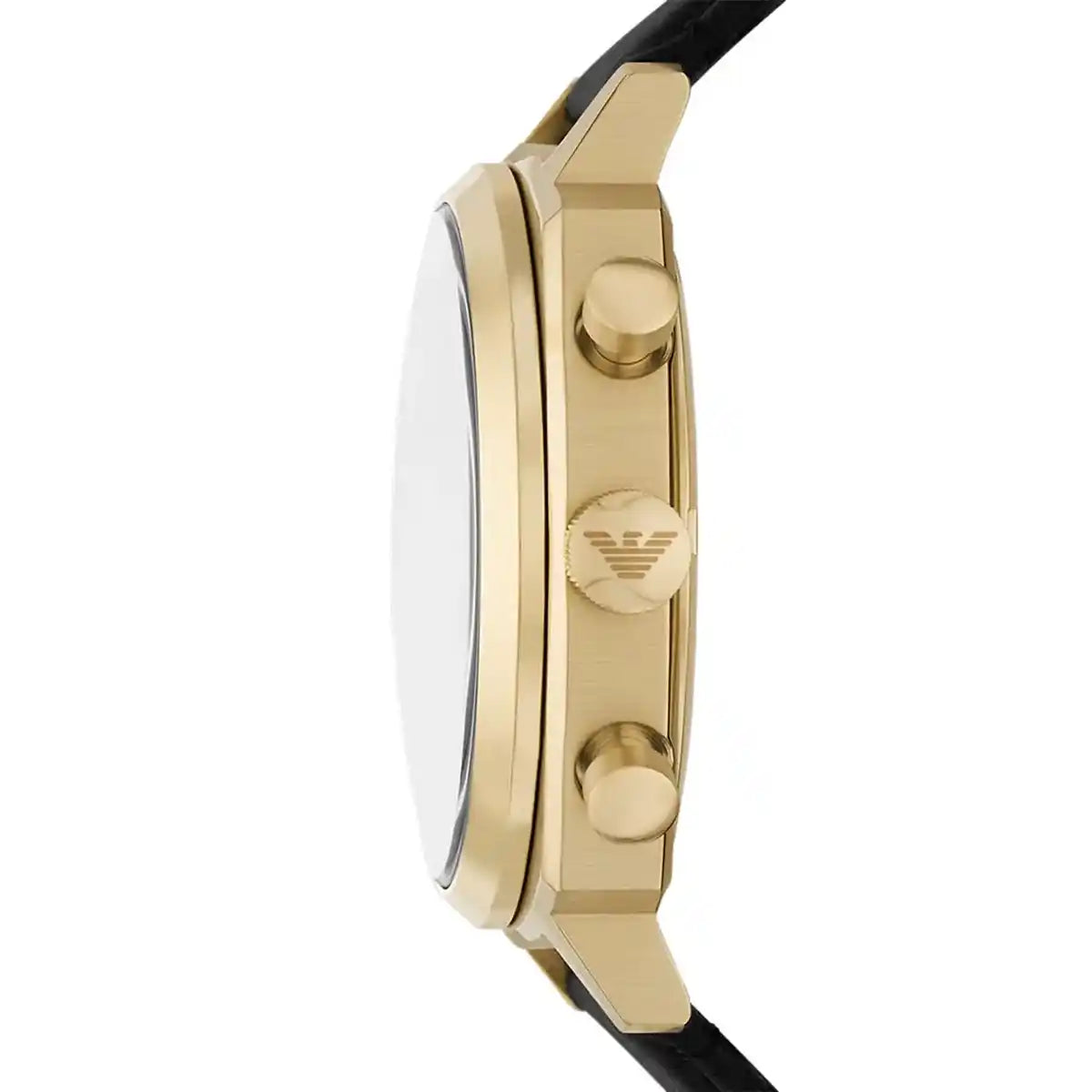 Side profile of Emporio Armani Carlo AR11690 men's quartz battery watch showing 11mm thickness and gold stainless steel finish