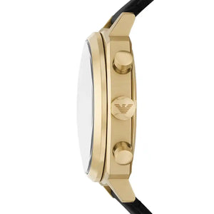 Side profile of Emporio Armani Carlo AR11690 men's quartz battery watch showing 11mm thickness and gold stainless steel finish