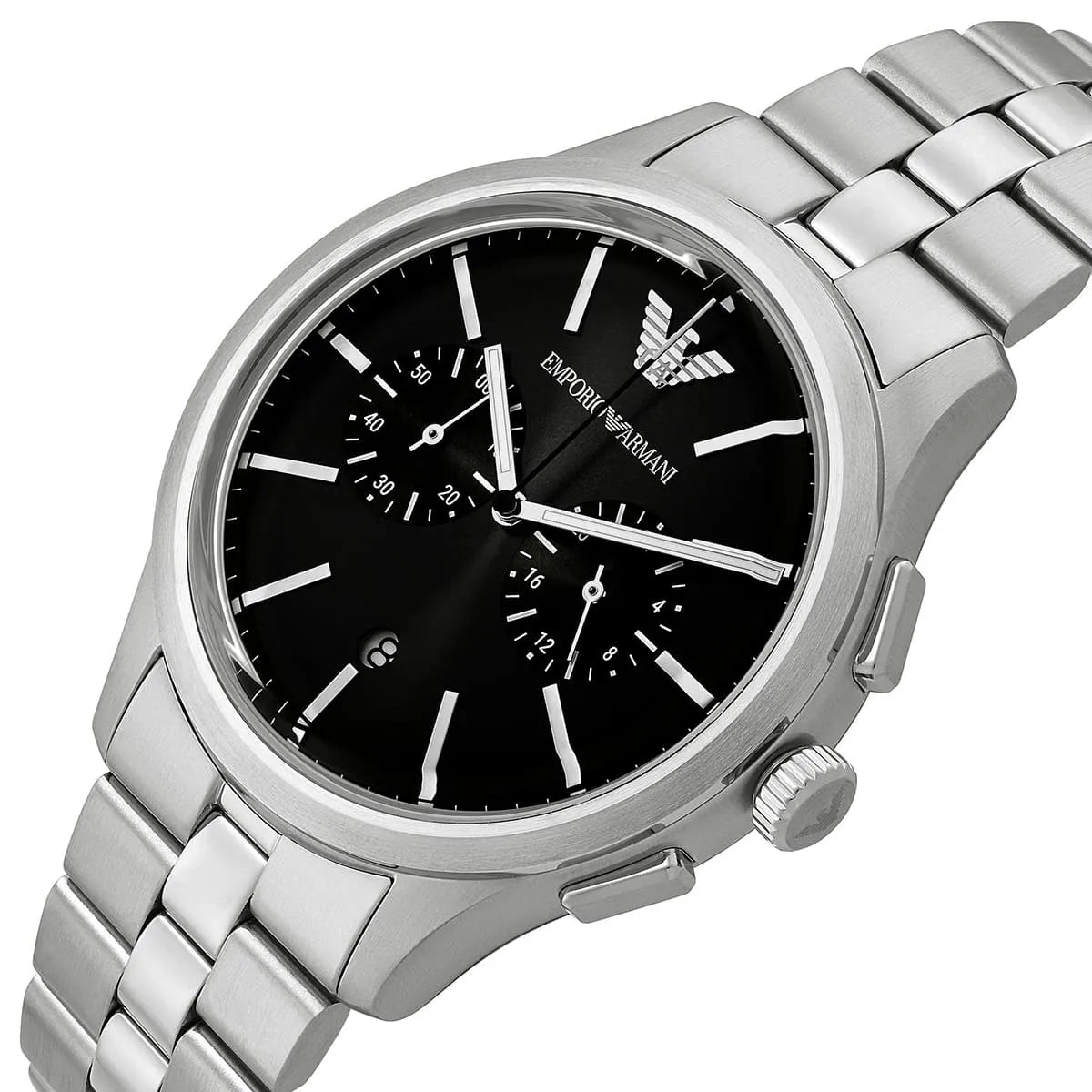 Perspective photo of Emporio Armani Dario AR11691 showing the side profile and polished silver finish