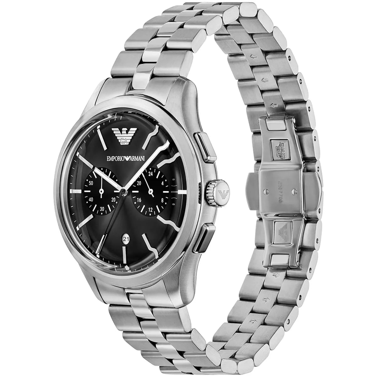 Angled real-life photo of Emporio Armani Dario AR11691 showing the silver bezel and case