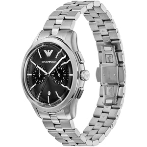Angled real-life photo of Emporio Armani Dario AR11691 showing the silver bezel and case