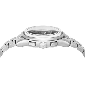 Detail photo of the silver crown and chronograph pushers on the Emporio Armani AR11691