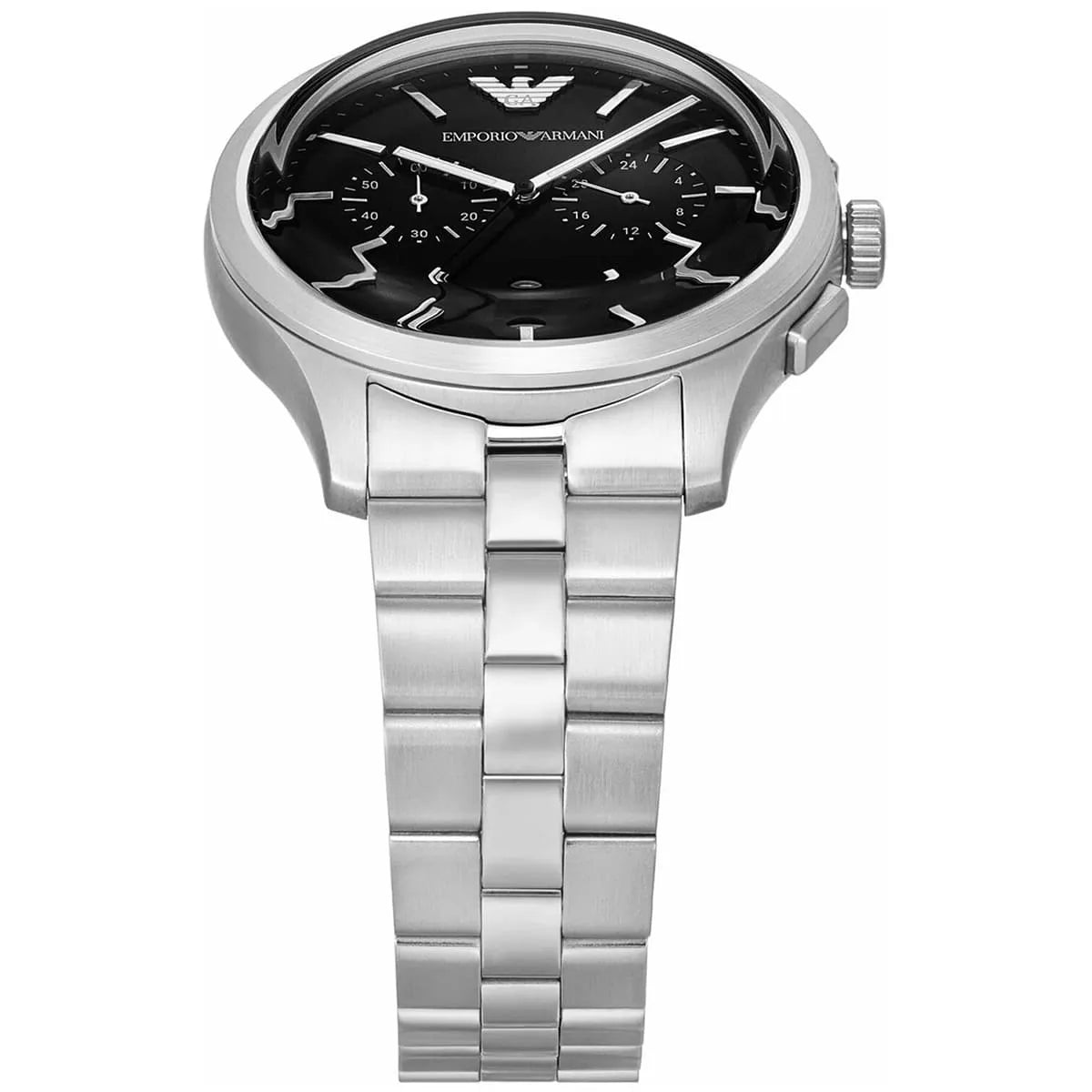 Side view photo of Emporio Armani Dario AR11691 showing case thickness and silver crown detail