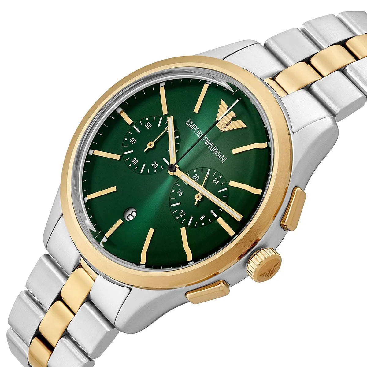 Perspective photo of Emporio Armani Dario AR11692 showing the side profile and polished two-tone finish