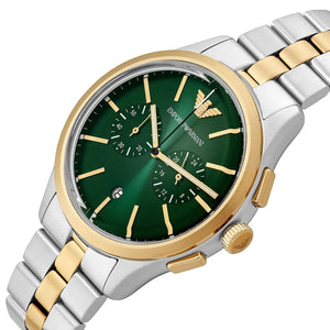 Perspective photo of Emporio Armani Dario AR11692 showing the side profile and polished two-tone finish