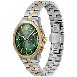 Angled real-life photo of Emporio Armani Dario AR11692 showing the gold-tone bezel and silver case