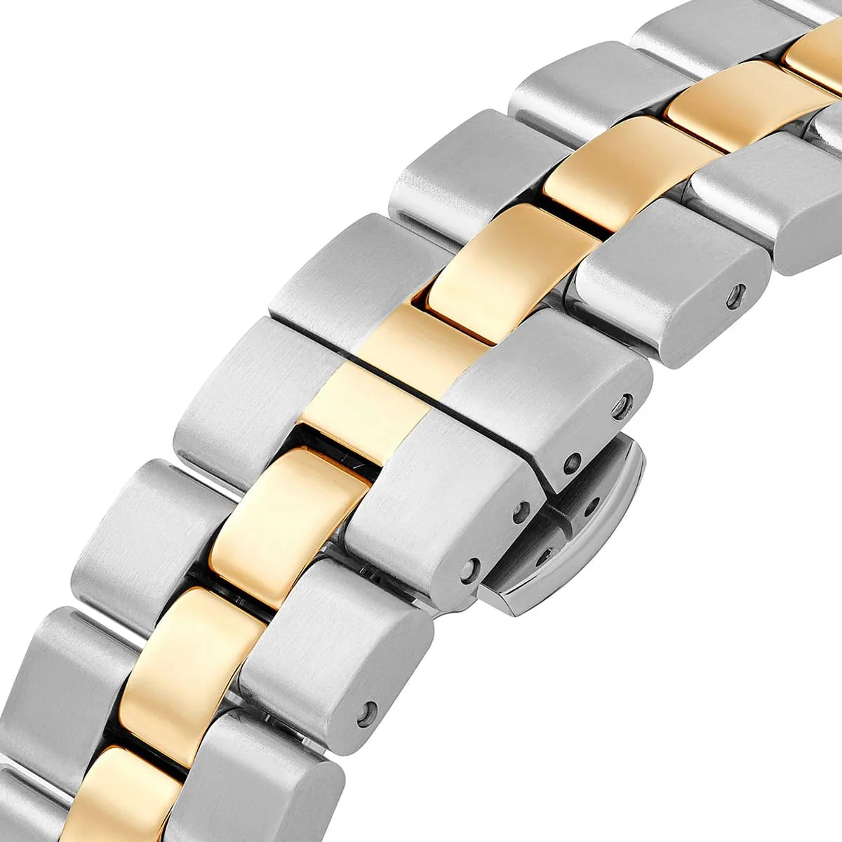 Photo of the two-tone stainless steel butterfly clasp on the Emporio Armani Dario AR11692