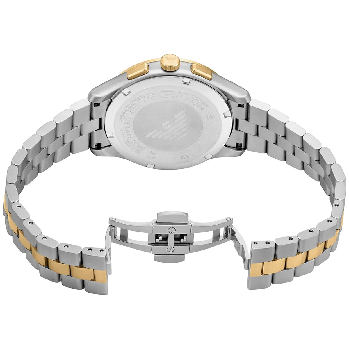 Back view photo of Emporio Armani Dario AR11692 showing the stainless steel caseback info