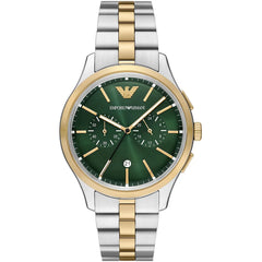 Authentic real-life photo of Emporio Armani Dario AR11692 showing actual two-tone finish and sunray green dial
