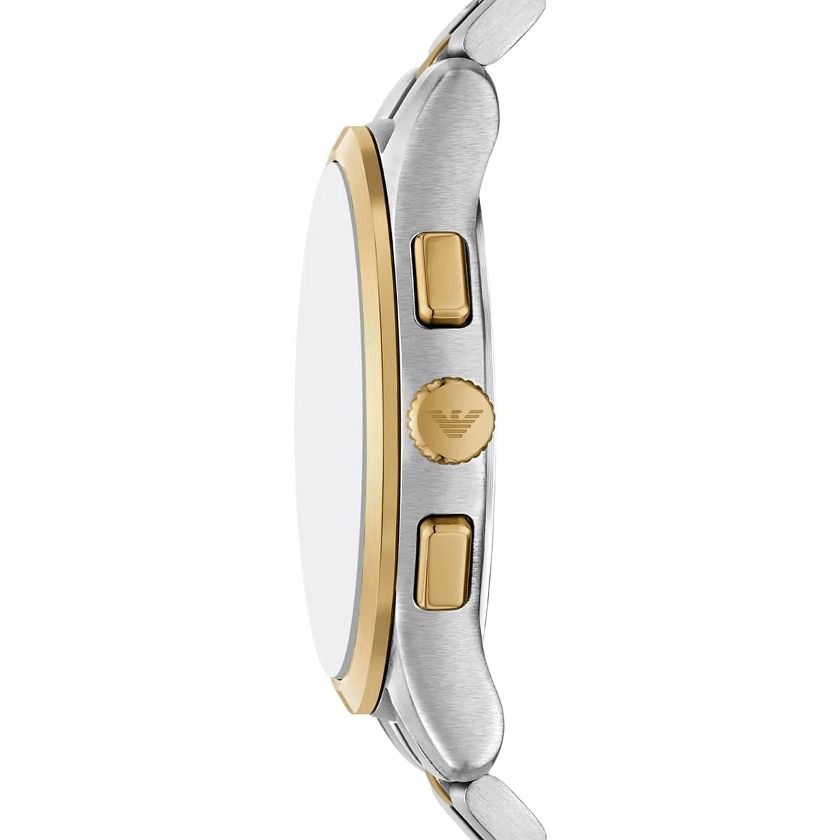 Side view photo of Emporio Armani Dario AR11692 showing case thickness and gold-tone crown detail