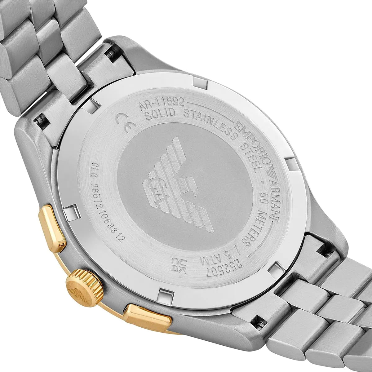 Back view photo of Emporio Armani Dario AR11692 showing the stainless steel caseback info