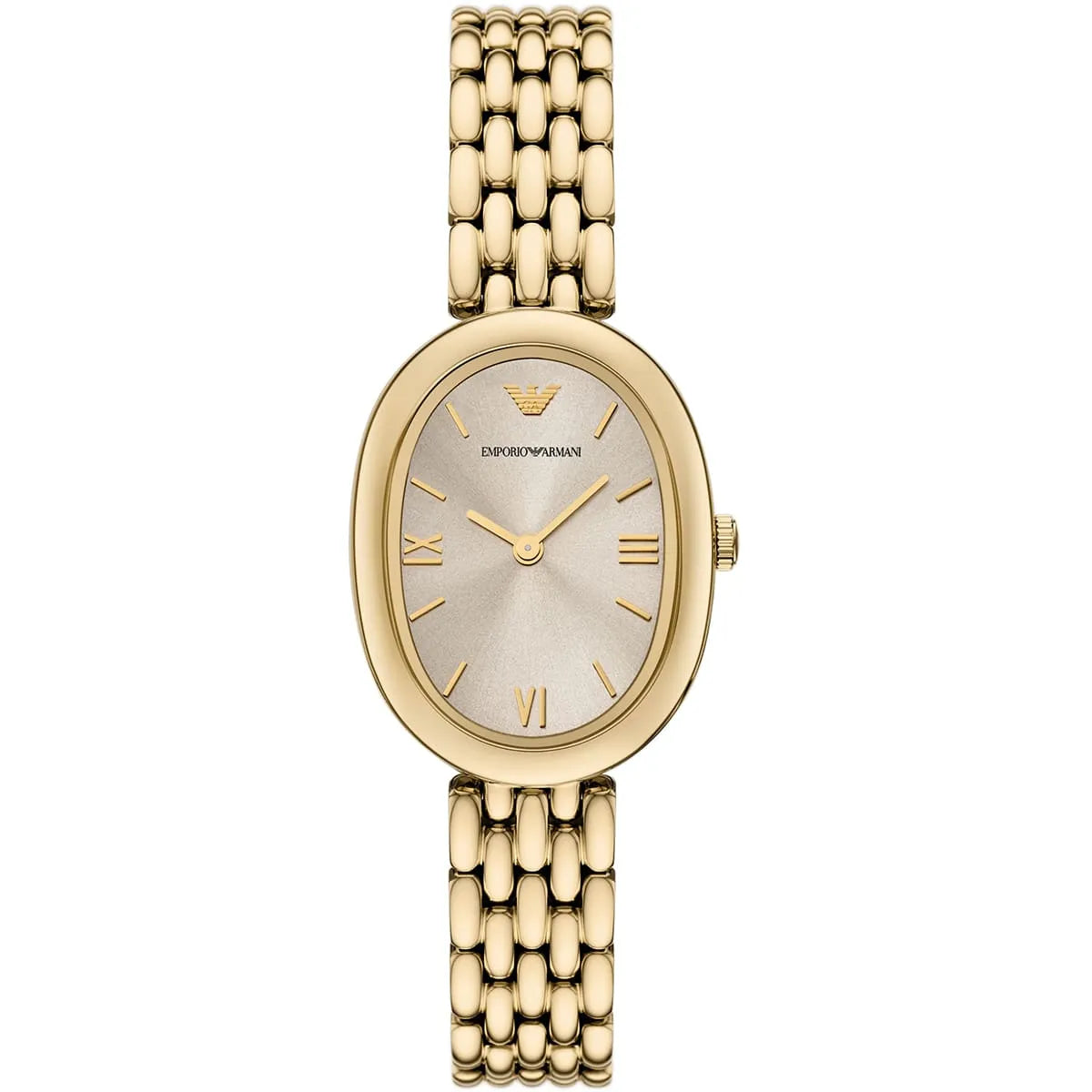 Authentic real-life photo of Emporio Armani AR11707 showing gold bracelet and oval gray dial