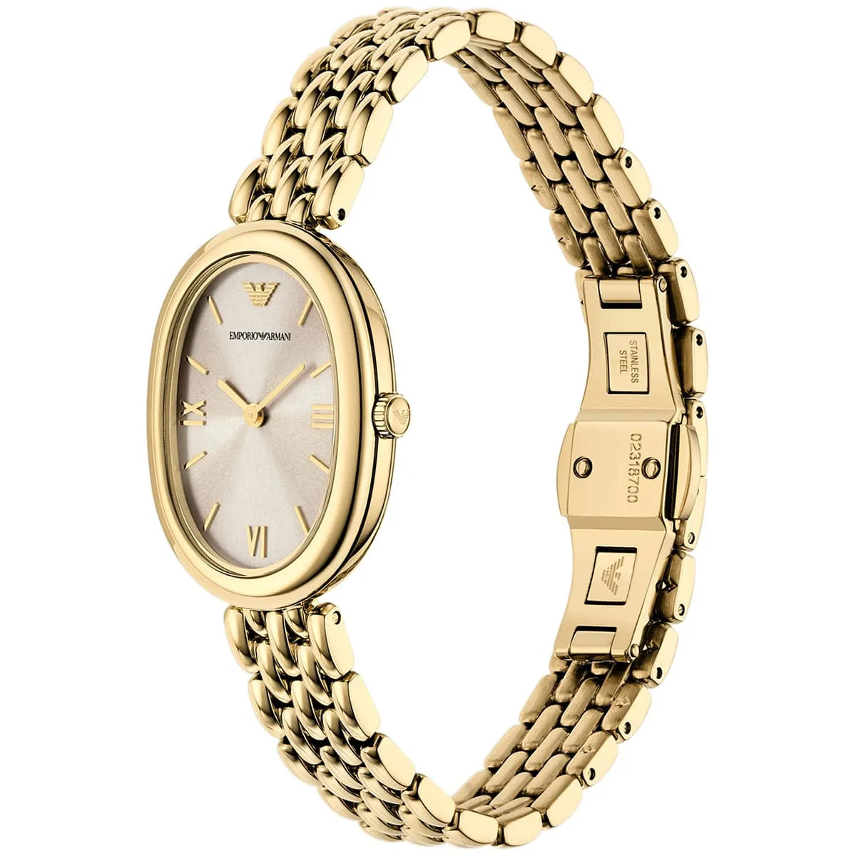 Perspective photo of Emporio Armani AR11707 showing the slim side profile and gold link bracelet finish