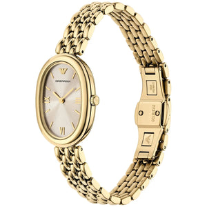 Perspective photo of Emporio Armani AR11707 showing the slim side profile and gold link bracelet finish