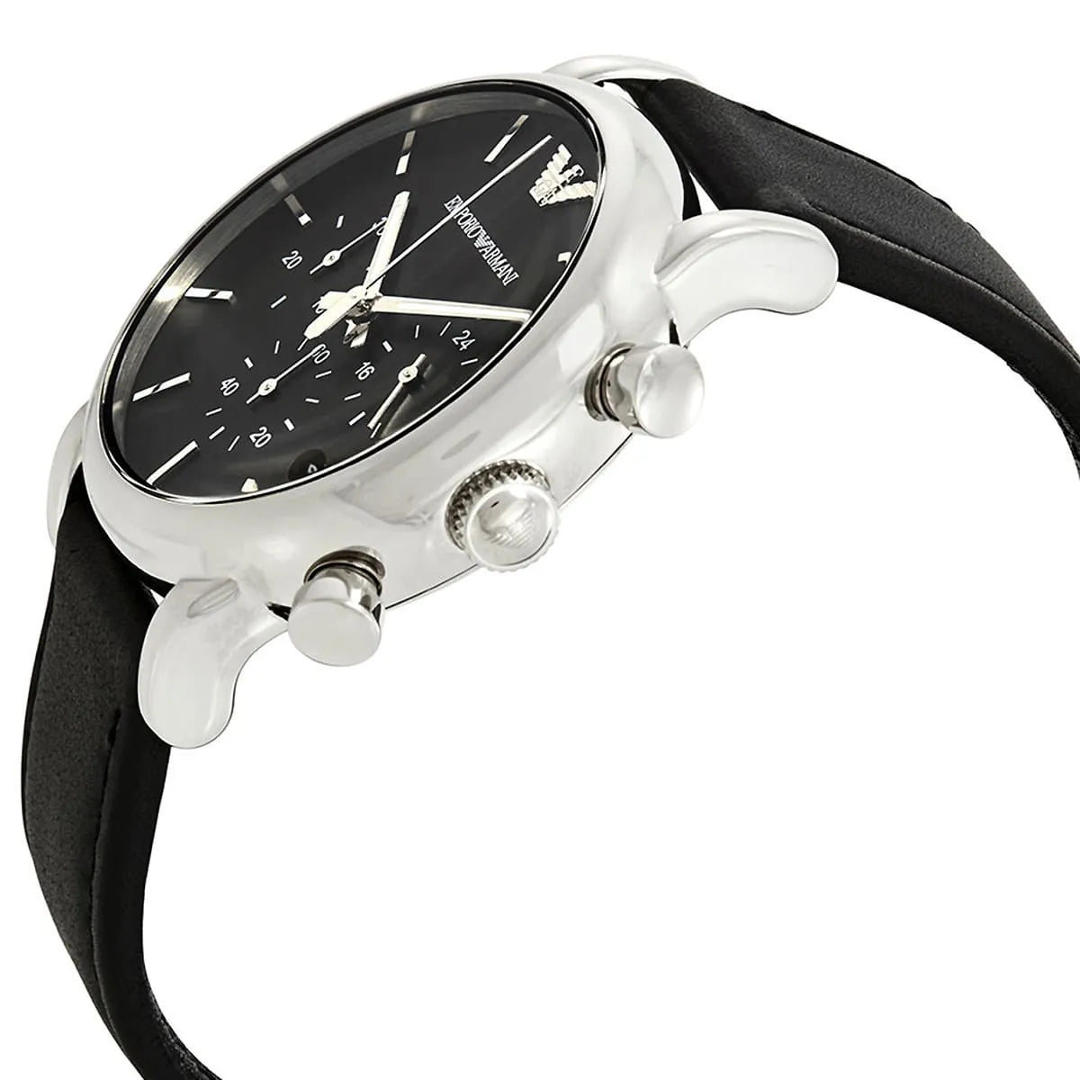 Angled front view of Emporio Armani AR1733 showing polished silver bezel and indices