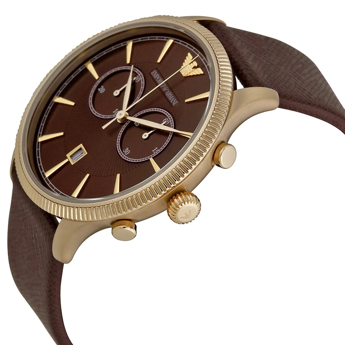 Angled shot of Emporio Armani AR1793 showing depth of brown textured dial