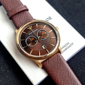 Side view of Emporio Armani AR1793 rose gold case crown and pushers