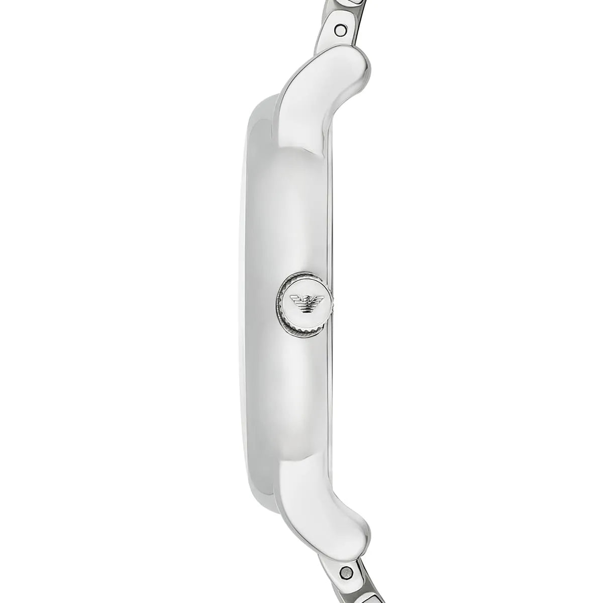 Side view of Emporio Armani AR1854 polished silver case and crown