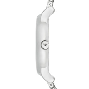 Side view of Emporio Armani AR1854 polished silver case and crown