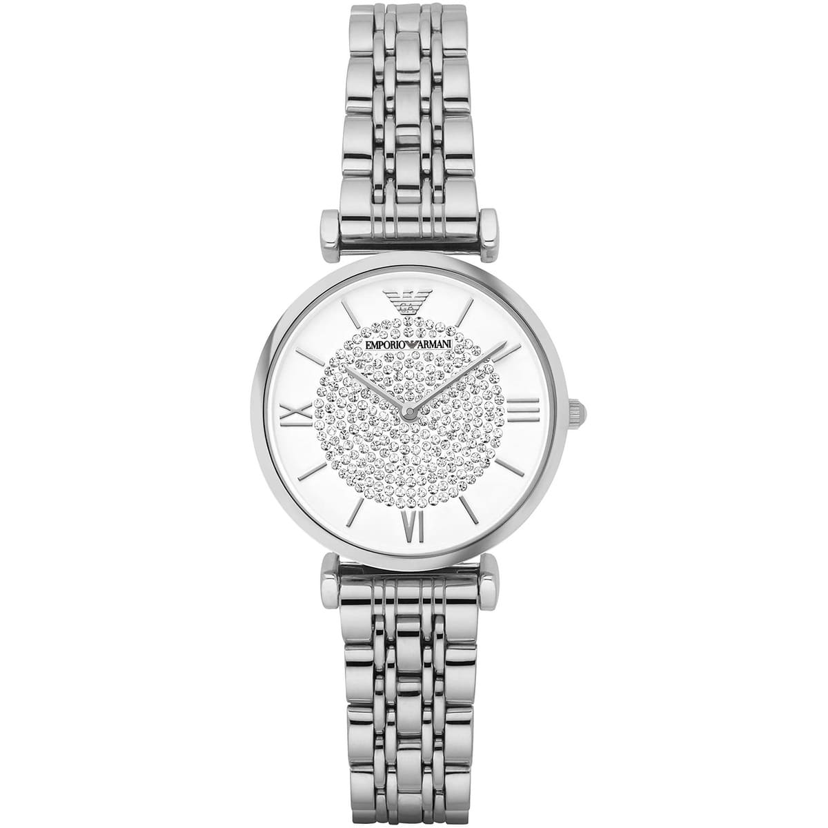 Emporio Armani Gianni T-Bar AR1925 women watch with silver round case and crystal pave center dial