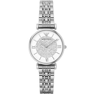 Emporio Armani Gianni T-Bar AR1925 women watch with silver round case and crystal pave center dial