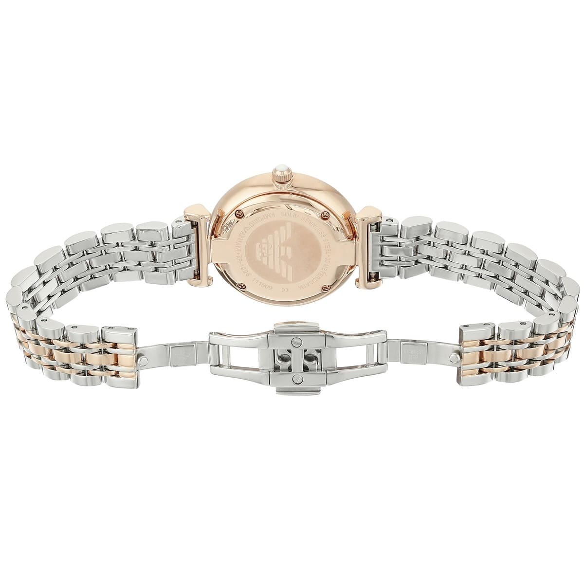 Two-tone watch with rose gold and silver band on a white background
