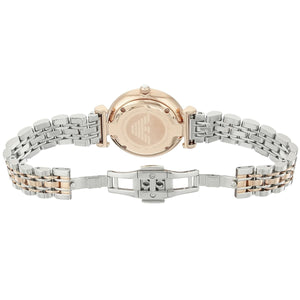 Two-tone watch with rose gold and silver band on a white background