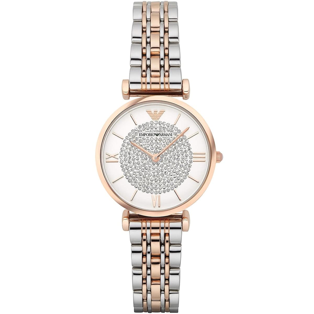 Emporio Armani Gianni T-Bar AR1926 women watch with rose gold round case two-tone bracelet and crystal pave dial