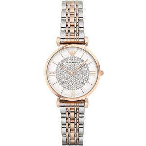 Emporio Armani Gianni T-Bar AR1926 women watch with rose gold round case two-tone bracelet and crystal pave dial
