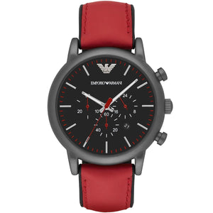 Emporio Armani Luigi AR1971 men's chronograph watch - black dial red leather strap