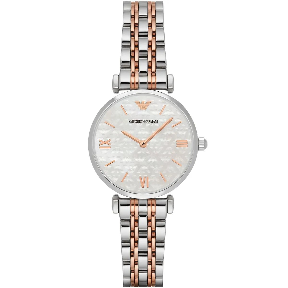 Emporio Armani Gianni T-Bar AR1987 women watch with rose gold round case two-tone bracelet and crystal pave dial