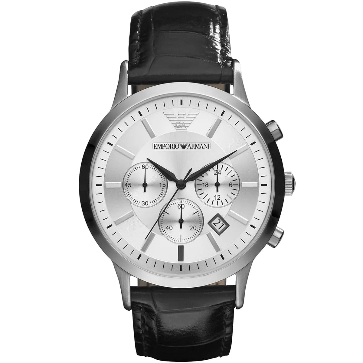 Emporio Armani Renato AR2432 Men's Chronograph Watch – Silver Dial & Black Leather Strap