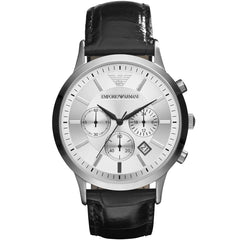 Emporio Armani Renato AR2432 Men's Chronograph Watch – Silver Dial & Black Leather Strap