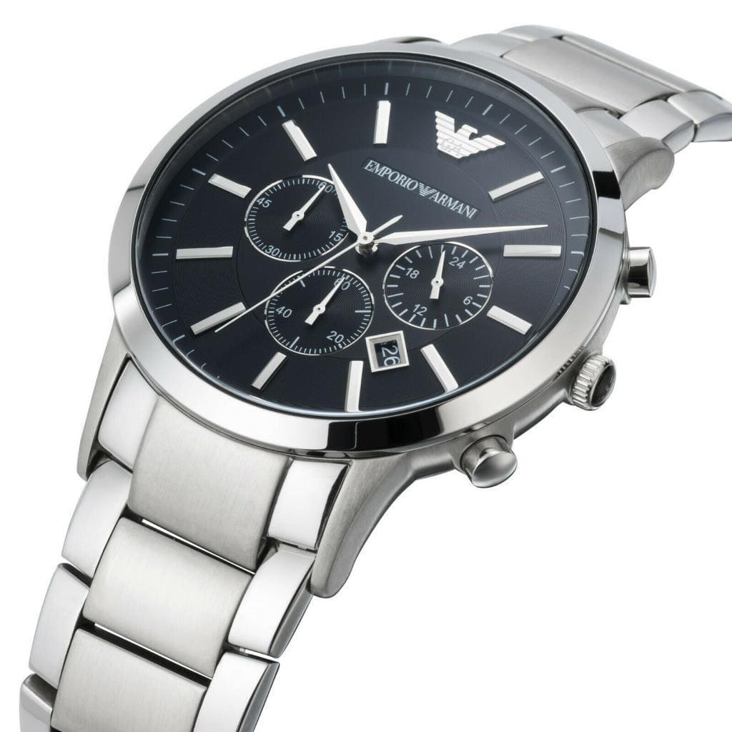 Close-up shot of Emporio Armani AR2460 black dial with silver sub-dials