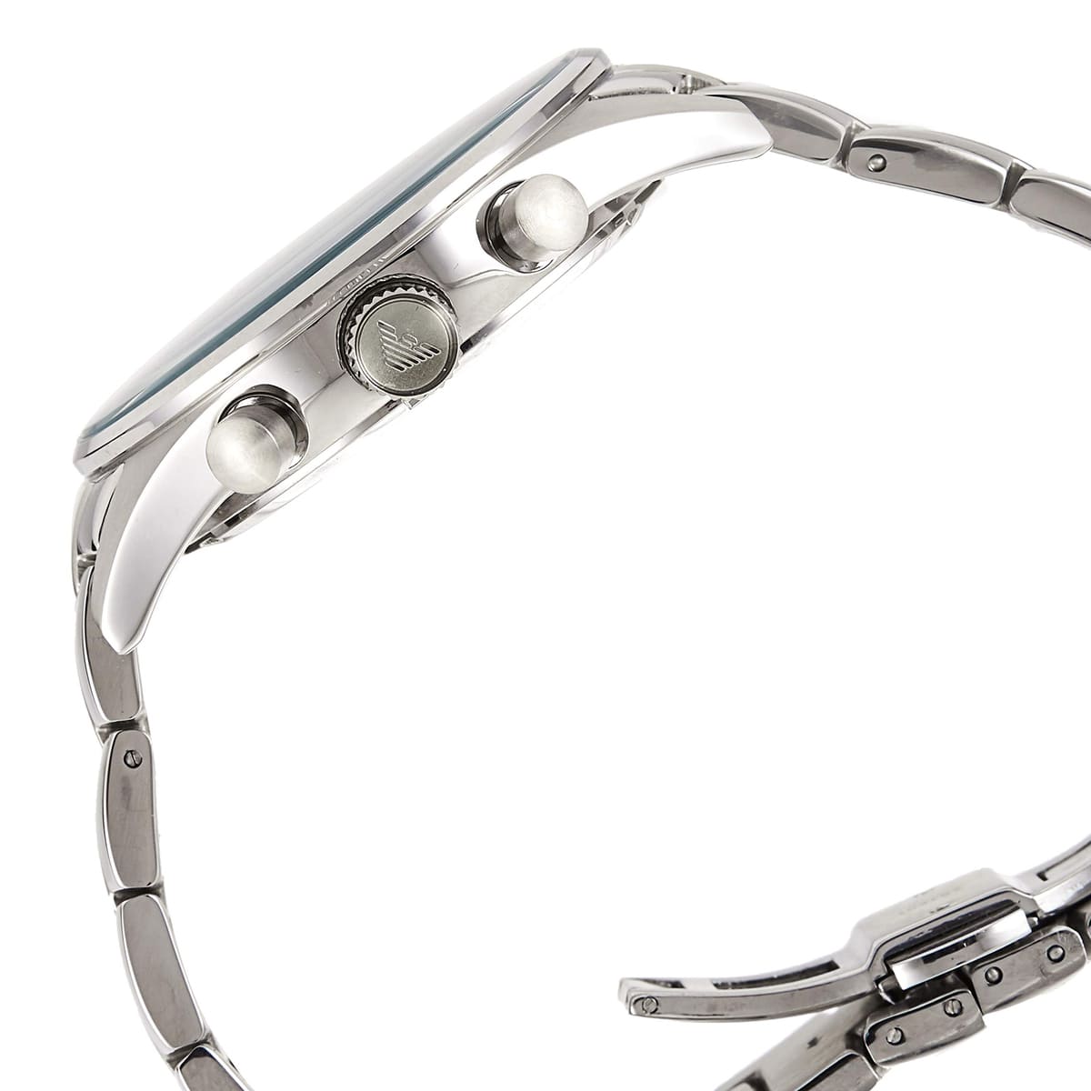 Side view of Emporio Armani AR5860 showing curved silver case and chronograph pushers