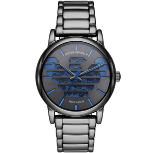 Emporio Armani Luigi AR60029 men's Meccanico automatic skeleton watch in gunmetal with blue accents