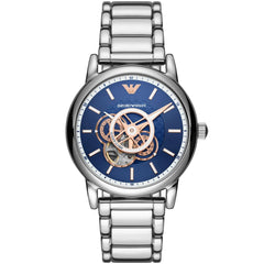 Emporio Armani Luigi AR60036 men's automatic watch - blue skeleton dial silver steel strap