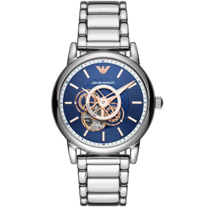 Emporio Armani Luigi AR60036 men's automatic watch - blue skeleton dial silver steel strap