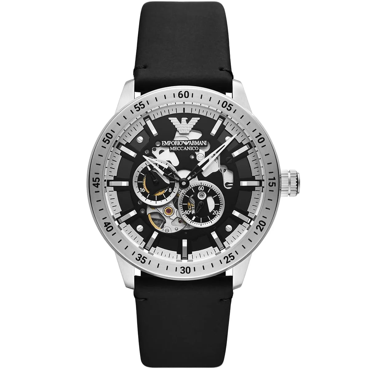 Emporio Armani Mario AR60051 men's automatic watch - black skeleton dial black leather strap