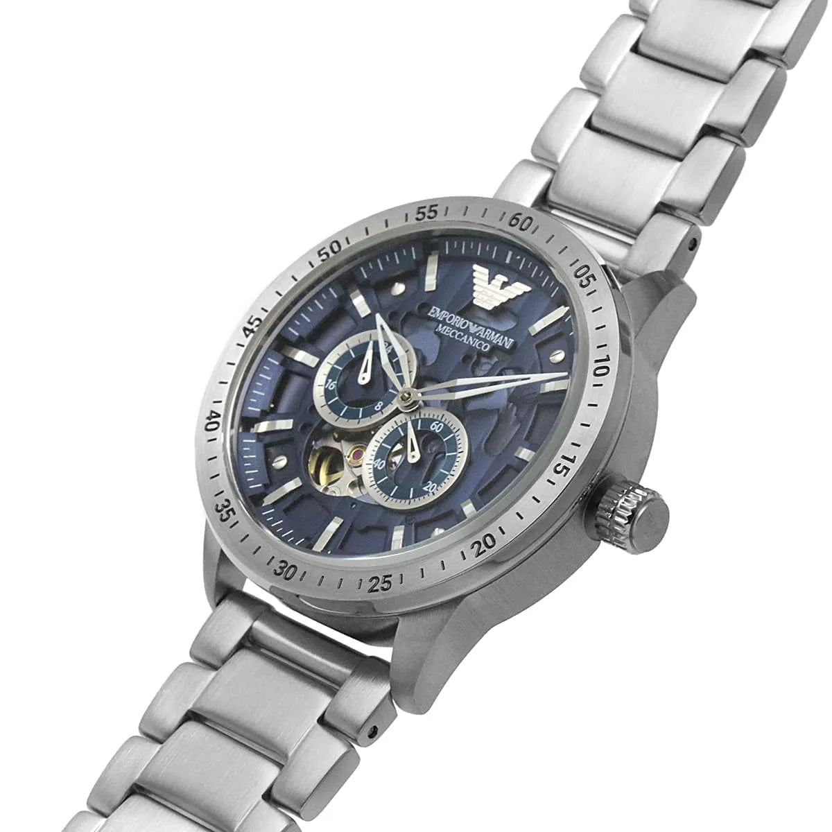 Emporio Armani Mario AR60052 men's Meccanico automatic skeleton watch with blue dial and silver strap