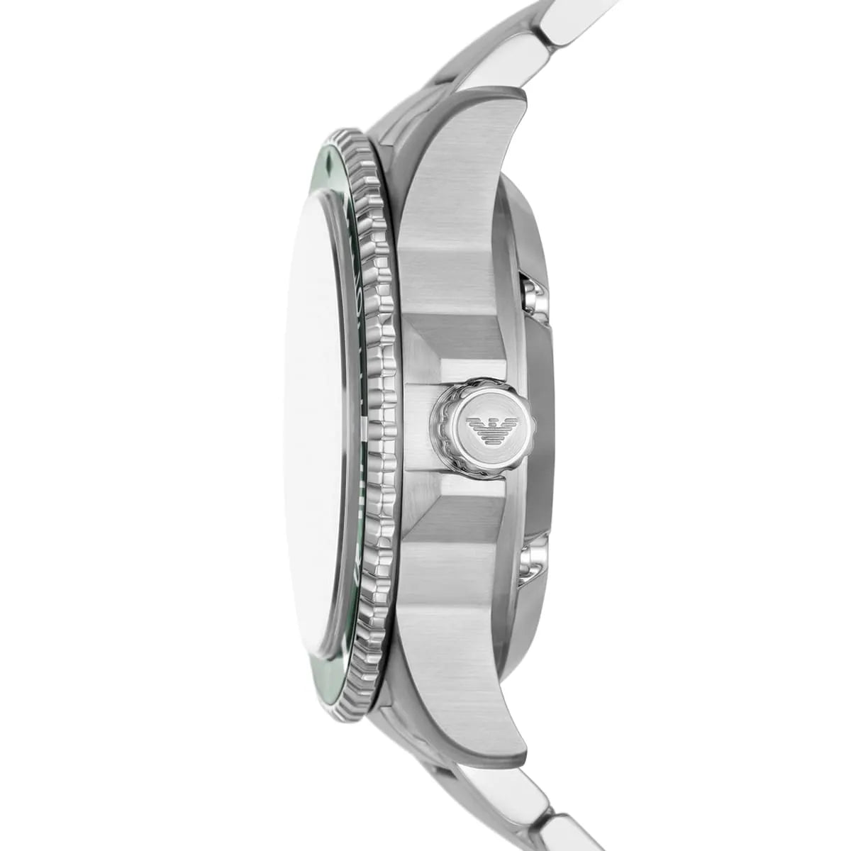 Side view of Emporio Armani AR60061 silver case showing the crown and polished finish