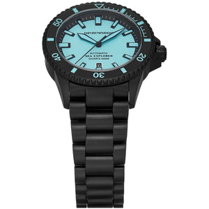 Angled shot of Emporio Armani AR60084 showing the contrast between the black case and turquoise dial