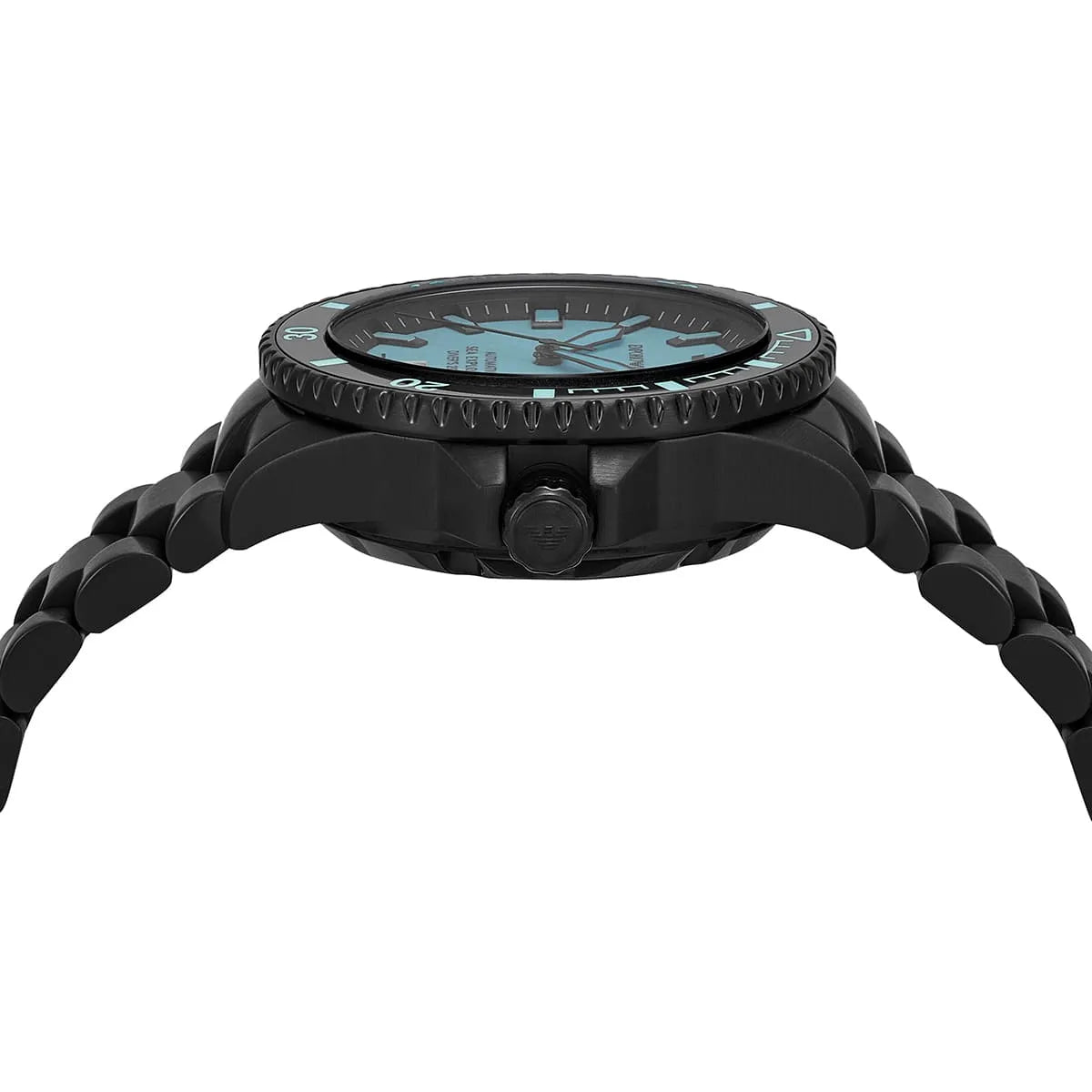 Side view of the black ion-plated case and screw-down crown on the Armani Sea Explorer AR60084