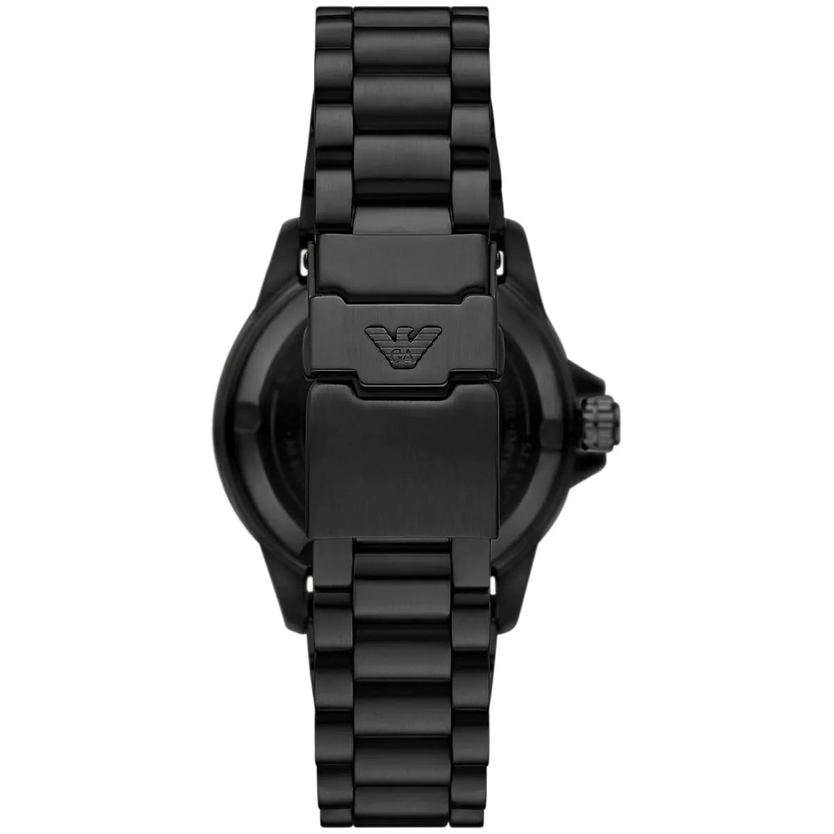 Side view of the black ion-plated case and screw-down crown on the Armani Sea Explorer AR60084