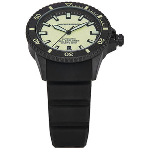 Left angled view of Emporio Armani Sea Explorer AR60085 men's automatic watch showing black rubber strap and black-tone case profile
