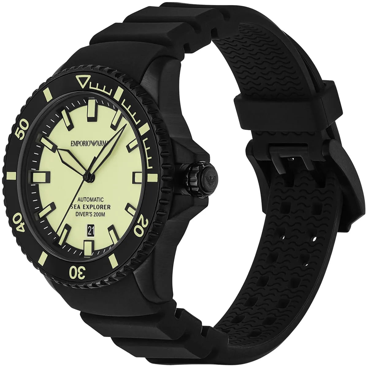 Right angled view of Emporio Armani Sea Explorer AR60085 men's automatic watch highlighting black bezel and yellow dial details