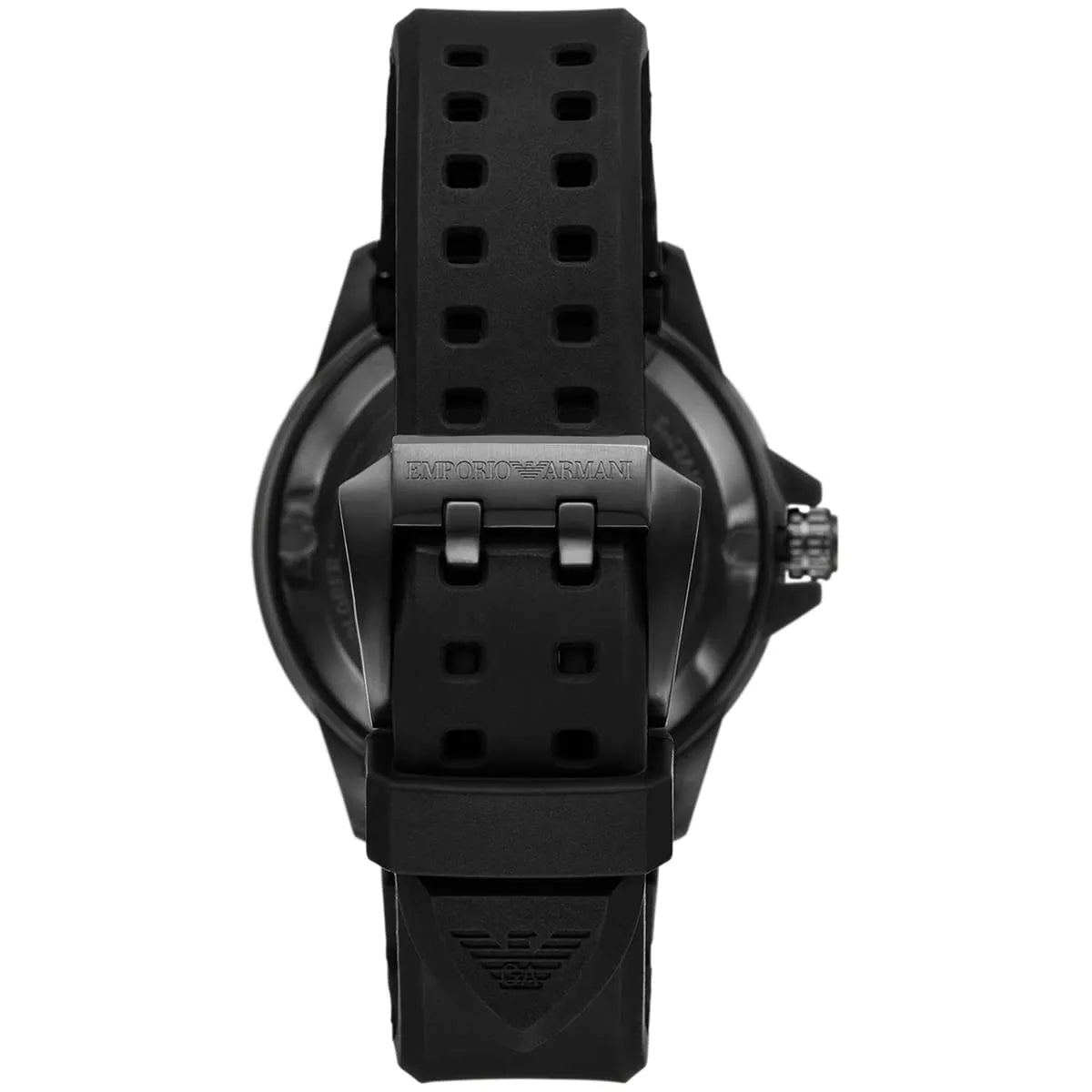 Caseback of Emporio Armani Sea Explorer AR60085 men's automatic watch showing technical specs 200m water resistance and rubber strap