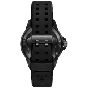 Caseback of Emporio Armani Sea Explorer AR60085 men's automatic watch showing technical specs 200m water resistance and rubber strap